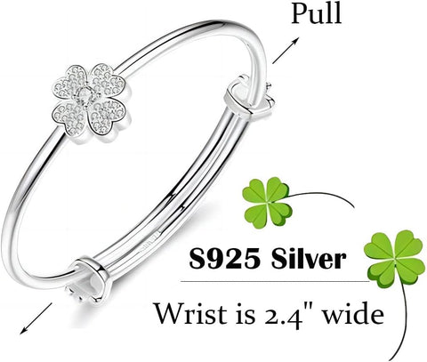 Kim Carrey S925 Silver Bangle Bracelet for Women, Elegant Women‘s Sterling Silver Bracelet Bangle Adjustable 6.4-7.8 inches Small Size (White Clover) Kim Carrey
