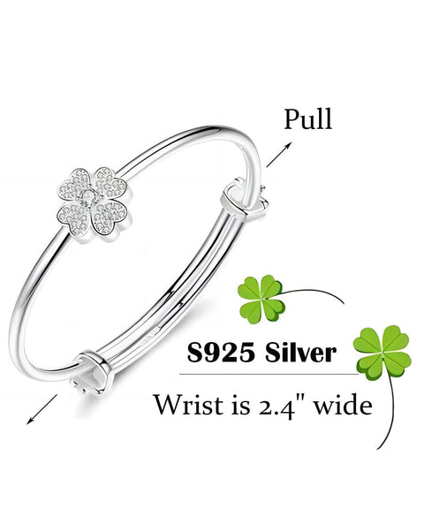 Kim Carrey S925 Silver Bangle Bracelet for Women, Elegant Women‘s Sterling Silver Bracelet Bangle Adjustable 6.4-7.8 inches Small Size (White Clover) Kim Carrey