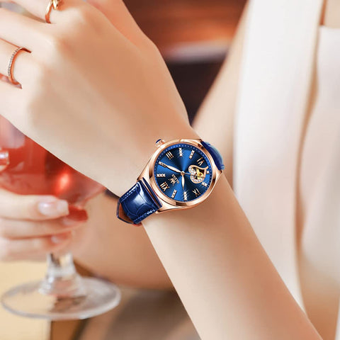 OLEVS Watches for Women Automatic Mechanical Ladies Watch Leather Strap Self-Winding reloj para Mujer Diamond Heart dial Waterproof Luminous red Female Watch Blue OLEVS