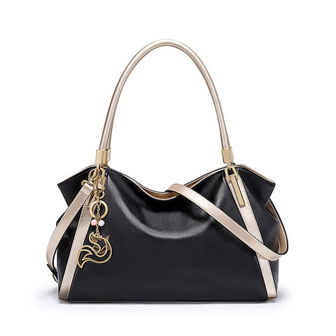 FOXLOVER Top Handle Shoulder Bags for Women Cow Leather Purses Women's Tote Handbags Satchel with Zipper Metal charm（B-Black Without Logo） FOXLOVER