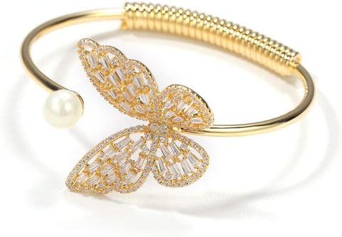 PAENENPH 14K Gold Moissanite Butterfly Open Bangle for Women,Adjustable Freshwater Cultured Pearl Charm Bangle Bracelet,Gift for Mom,Girlfriend,Wife (Yellow Gold, 14K Gold) PAENENPH