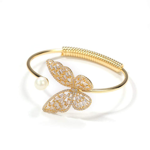 PAENENPH 14K Gold Moissanite Butterfly Open Bangle for Women,Adjustable Freshwater Cultured Pearl Charm Bangle Bracelet,Gift for Mom,Girlfriend,Wife (Yellow Gold, 14K Gold) PAENENPH