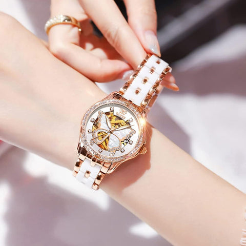 OLEVS Women's Rose Gold Automatic Watches Skeleton Mechanical Self Winding Ladies Elegant Luxury Dress Butterfly Diamond White Ceramic Band Watch Gift OLEVS
