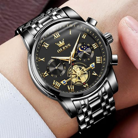 OLEVS Black Watches for Men Casual Fashion Big Face Man Watch Luxury Analog Quartz Men's Wrist Watch Elegant Waterpoof Stainless Steel Multifunction Chronograph Moon Phase Mens Watches