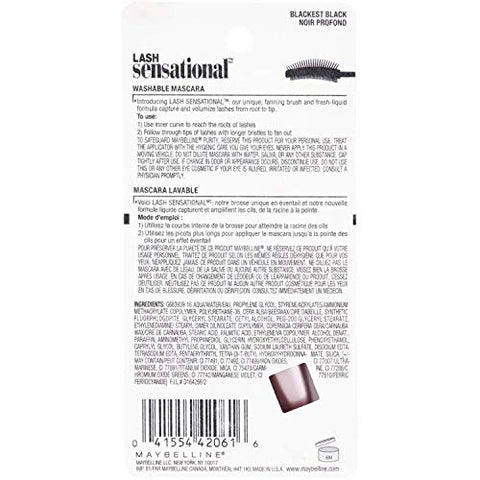 Maybelline Lash Sensational Washable Mascara, Lengthening and Volumizing for a Full Fan Effect, Blackest Black, 1 Count MAYBELLINE