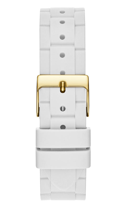 GUESS Ladies 38mm Watch - White Strap White Dial Gold Tone Case GUESS