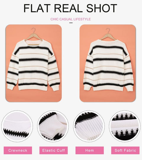 Dokotoo Long Sleeve Crewneck Striped Pullover Sweaters for Women Winter Casual Loose Knit Pullover Sweater Jumper Tops White Medium