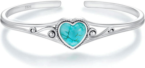 DOLIOX Genuine Turquoise Bracelet, Sterling Silver Native American Boho Adjustable Heart Bangle Cuff Jewelry for Women, Fit for 6.5 7 7.5 Inches DOLIOX