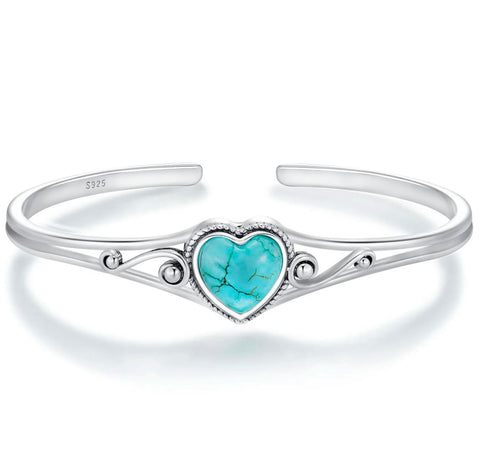 DOLIOX Genuine Turquoise Bracelet, Sterling Silver Native American Boho Adjustable Heart Bangle Cuff Jewelry for Women, Fit for 6.5 7 7.5 Inches DOLIOX