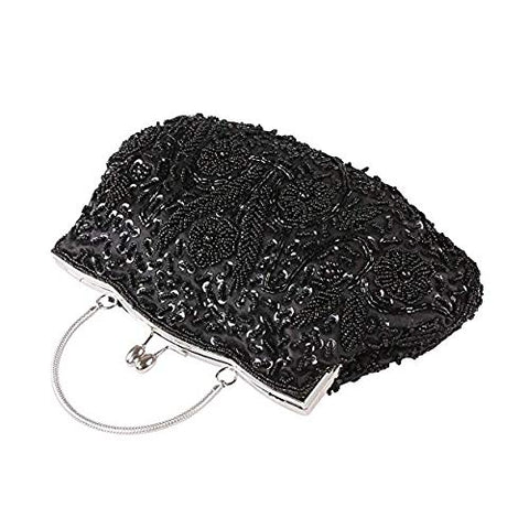 EROUGE Beaded Sequin Design Flower Evening Purse Large Clutch Bag (Black) EROUGE