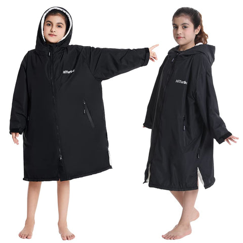 Hiturbo Warm Kids Swim Parka: Waterproof Changing Robe - Thick Fleece Lining - Oversize Swimming Coat - Hooded Surf Poncho (7-14Y, Black)