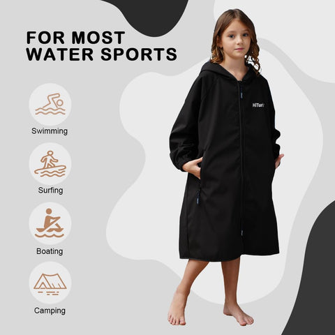 Hiturbo Kids Swim Parka: Waterproof Swimming Jacket Windproof Surf Poncho - Lightweight Hooded Swimmer with Quick-Dry Changing Towel Lined - Boys Girls 7-12 Years - Black