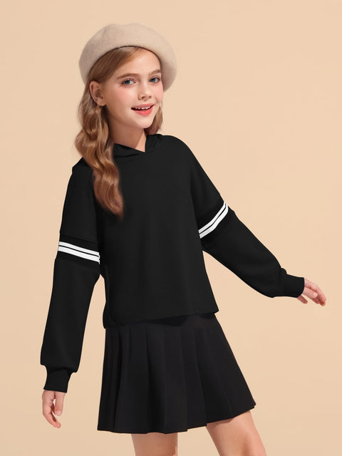 Haloumoning Girls Fashion Hoodies Kids Cute Striped Long Sleeve Crop Tops Hooded Sweatshirts 5-14 Years Black