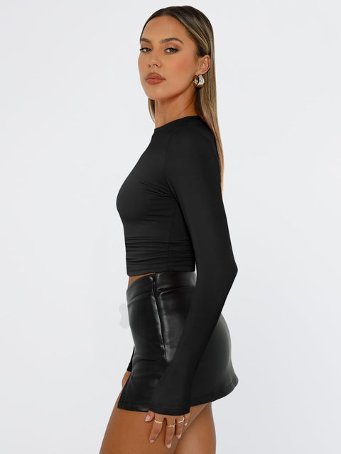 Trendy Queen Womens Long Sleeve T Shirts Fall Fashion 2025 Basic Crop Tops Going Out Workout Outfits Y2k Clothes Black S