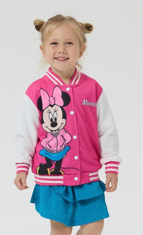 Disney Minnie Mouse Toddler Girls Varsity Bomber Letterman Baseball Jacket Letter Print Lightweight Sweatshirt Button up Clothes Color Block Coat 4-5T