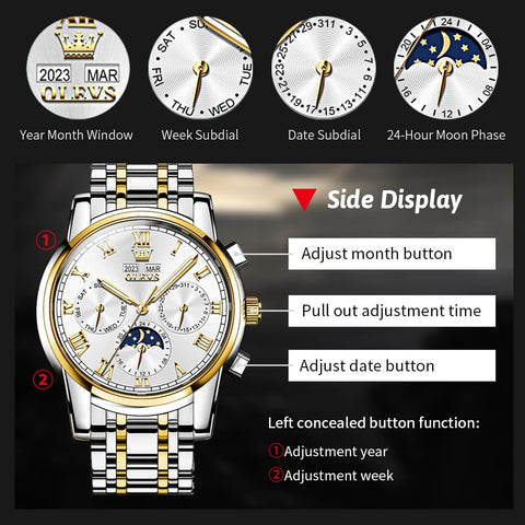 OLEVS Mens Automatic Watch Mechanical Self Winding Luxury Business Dress Moon Phase Stainless Steel Calendar Wrist Watches for Men Waterproof Luminous OLEVS