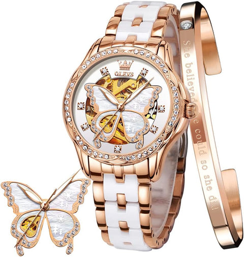 OLEVS Women's Rose Gold Automatic Watches Skeleton Mechanical Self Winding Ladies Elegant Luxury Dress Butterfly Diamond White Ceramic Band Watch Gift OLEVS