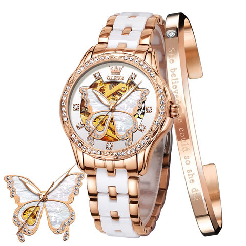 OLEVS Women's Rose Gold Automatic Watches Skeleton Mechanical Self Winding Ladies Elegant Luxury Dress Butterfly Diamond White Ceramic Band Watch Gift OLEVS