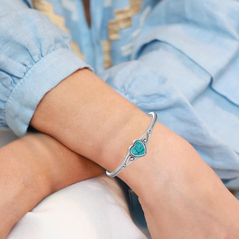 DOLIOX Genuine Turquoise Bracelet, Sterling Silver Native American Boho Adjustable Heart Bangle Cuff Jewelry for Women, Fit for 6.5 7 7.5 Inches DOLIOX