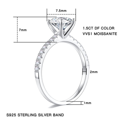 1.5ct Moissanite Promise Rings for Her, D Color VVS1 Clarity Lab Created Diamond Rings Brilliant Round Cut Side Stone Moissanite Engagement Ring Rhodium Plated S925 Sterling Silver Moissanite Rings Turandoss