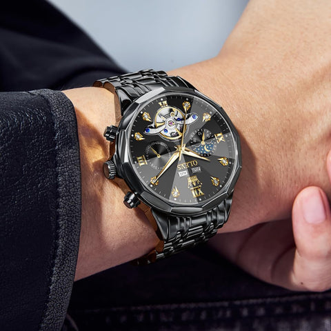 OLEVS Black Self Winding Watches for Men Mechanical Business Dress Skeleton Waterproof Luminous Date Automatic Luxury Casual Man Watch