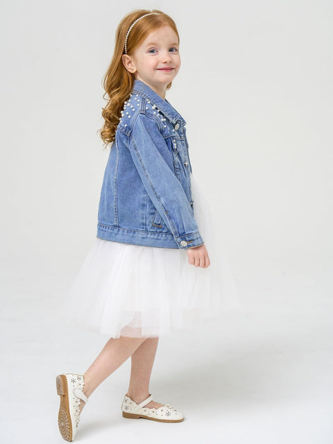 Miipat Toddler Girls Denim Jacket Basic Pearl Jean Jacket Little Kids Outwear Button Down Jean Coat(LightBluePearl,7-8Years)