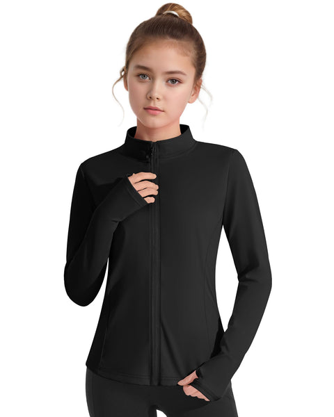 JOCMIC Girls Zip Up Jacket Horse Riding Shirts Kids Athletic Yoga Jackets Fall Winter Coats Black 9-10 Years