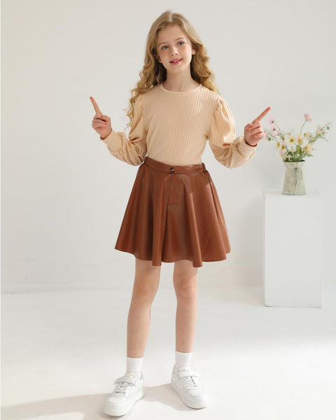 YOURUIKEY Girls 2 Piece Skirt Sets Fall Winter Long Sleeve Shirts and Leather Skirts for Cute Trendy Girl Clothes Size 7-8