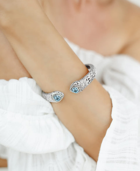 DEVATA Sterling Silver 925 with Blue Topaz Bali Filigree Cuff Bracelet DHK3215ASSBT (Size M) DEVATA