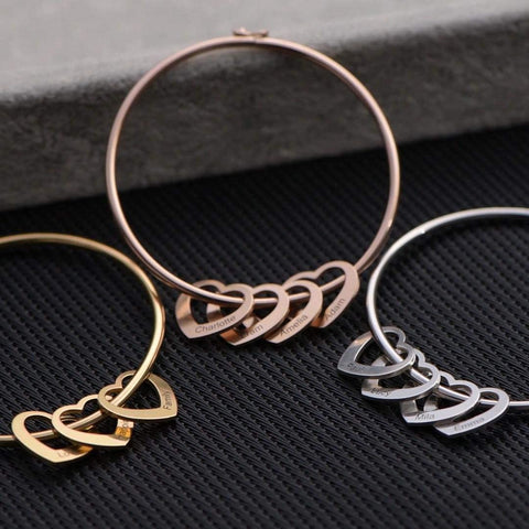 MyNameNecklace MYKA - Personalized Bracelet Bangle with Heart Pendants - Custom Made Multiple Pendant Jewelry Wife Women Christmas Gift (Rose Gold Plated Sterling Silver) MyNameNecklace