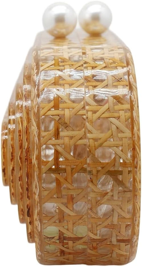 PENGZHI Women Acrylic Rattan Clutch Purse Rattan Woven Evening Bag Wedding Party Purse Summer Beach Wicker Shoulder Handbag, Brown PENGZHI
