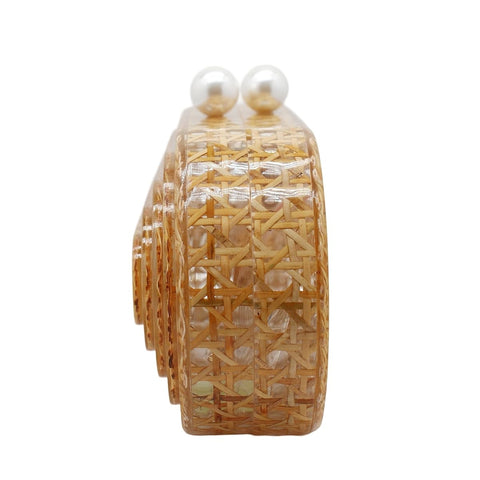 PENGZHI Women Acrylic Rattan Clutch Purse Rattan Woven Evening Bag Wedding Party Purse Summer Beach Wicker Shoulder Handbag, Brown PENGZHI