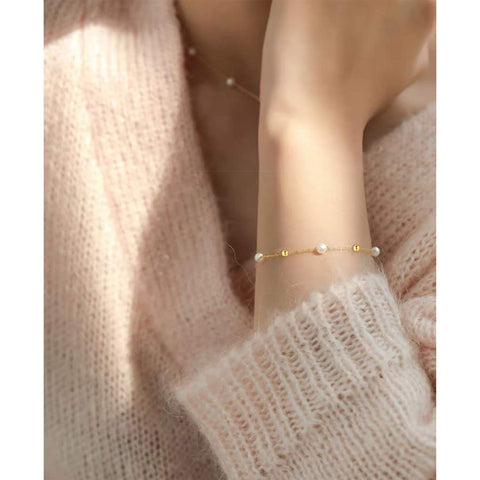 14K Gold Pearl Bracelet for Women Girls Freshwater Cultured Pearl Beads Bracelet Station Tin Cup Pearl Bracelet with Link Chain Dainty Jewelry Gifts for Mom, Wife, 6.5''+1''+1'' SISGEM
