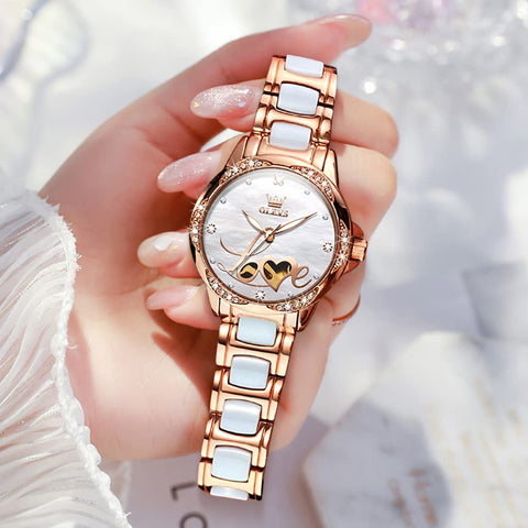 OLEVS Automatic Watches for Women Rose Gold Fashion Diamond Dress Ladies Wrist Watch Self Winding Mechanical Two Tone Ceramic Band Waterproof Luminous Gift Set OLEVS