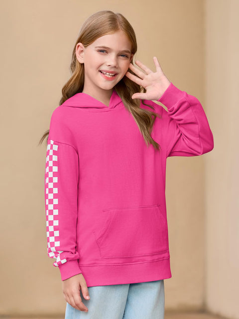 Haloumoning Girls Hoodies Kids Boys Fashion Plaid Long Sleeve Hooded Sweatshirt with Kangaroo Pocket 5-14 Years Hot Pink