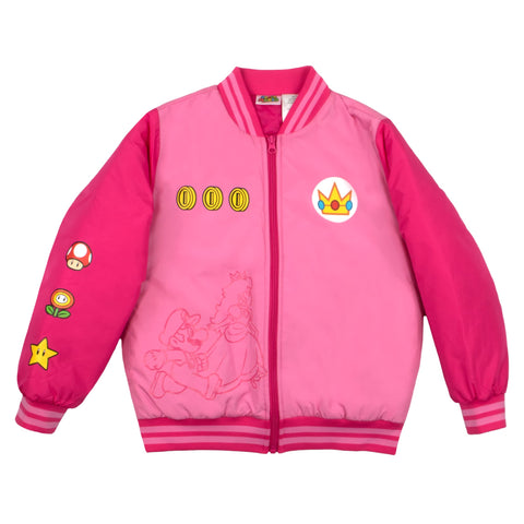 Nintendo Super Mario Bomber Jacket for Girls, Mario and Luigi Bomber Jacket (Peach Pink, Size 6/6X)