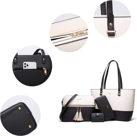 Women Fashion Synthetic Leather Handbags Tote Bag Shoulder Bag Top Handle Satchel Purse Set 4pcs Lovematch