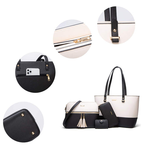 Women Fashion Synthetic Leather Handbags Tote Bag Shoulder Bag Top Handle Satchel Purse Set 4pcs Lovematch