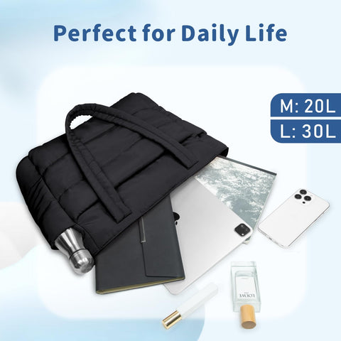 TOPDesign Puffer Tote Bag for Women, Lightweight Puffy Handbag with Compartments & Cosmetic Bag, Quilted Shoulder Bags for Work, Travel, Gym, Gifting (M Black)