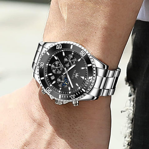 OLEVS Watch for Mens Black Face Stainless Steel Chronograph Watches Men Big Dial Classic Rotatable Bezel Silver with Day-Date Luxury Watches for Mens Dress Father Gift Watch Reloj De Hombre