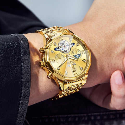 OLEVS Automatic Men Gold Watch Skeleton Mechanical Business Dress Stainless Steel Waterproof Luminous Calendar Luxury Classic Wrist Watch Male