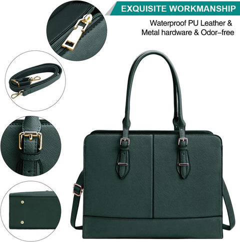 Laptop Bag for Women Leather Work Tote 15.6 Inch Laptop for Computer Bag Waterproof Business Office Professional Large Capacity Handbag Shoulder Bag DeepGreen KTMOUW