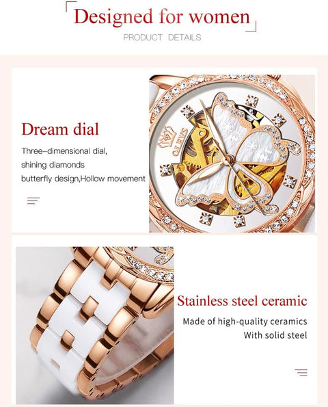 OLEVS Women's Rose Gold Automatic Watches Skeleton Mechanical Self Winding Ladies Elegant Luxury Dress Butterfly Diamond White Ceramic Band Watch Gift OLEVS