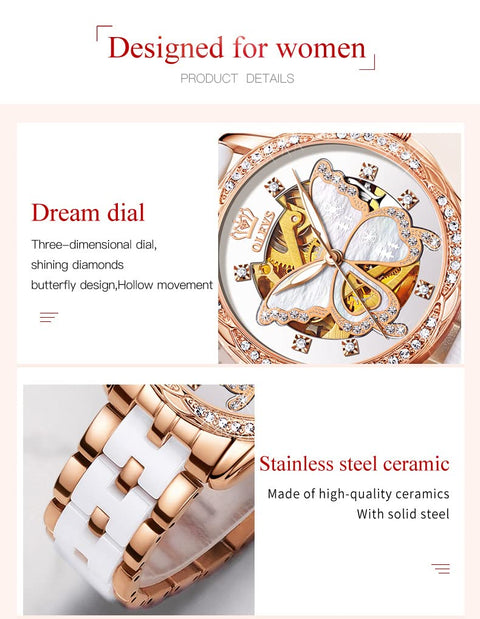 OLEVS Women's Rose Gold Automatic Watches Skeleton Mechanical Self Winding Ladies Elegant Luxury Dress Butterfly Diamond White Ceramic Band Watch Gift OLEVS