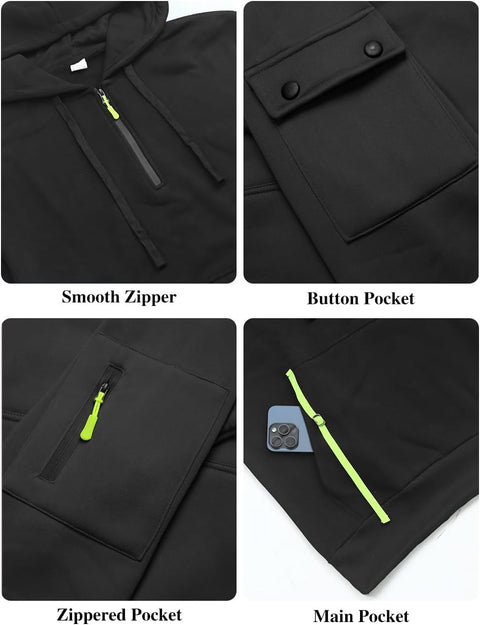 QOSOQ Men's Pullover Hoodies Quarter Zip Long Sleeve Shirts Drawstring Sports Casual Hooded Sweatshirts with Pockets Black