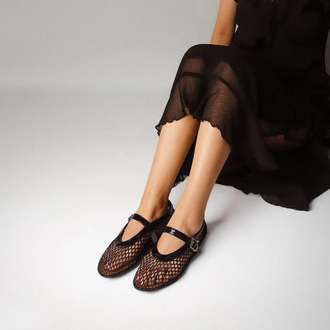 DOEYG Black Mesh Ballet Flats for Women Round Toe Mesh Flats Ballet Shoes Buckle Strap Mesh Mary Jane Flats Comfy Casual Office Summer Fishnet Ballerina Flats Shoes
