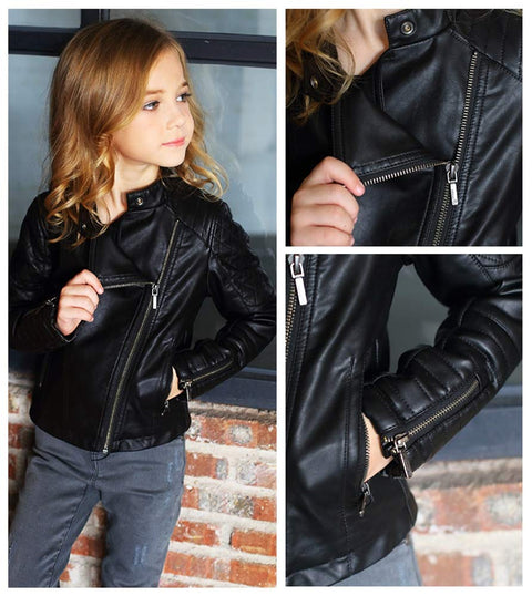 LJYH Girls Faux Leather Quilted Motorcycle Jackets Kids Spring Biker Coats Black 7/8yrs