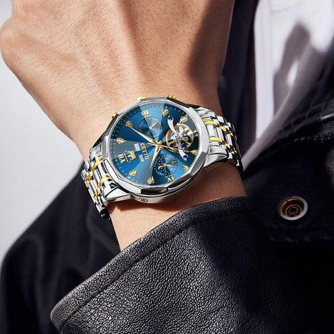 OLEVS Skeleton Men Watches Automatic Business Luxury Diamond Self Winding Watch for Men Stainless Steel Calendar Blue Wrist Watch