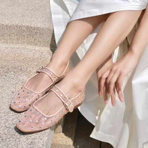 DOEYG Mesh Ballet Flats for Women Rhinestone Mary Jane Flats with Strap Sparkly Square Toe Embellished Flats Shoes Comfortable Casual Dress Ballerina Shoes