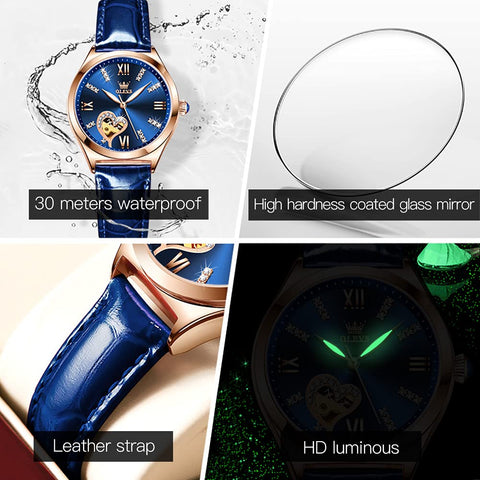 OLEVS Watches for Women Automatic Mechanical Ladies Watch Leather Strap Self-Winding reloj para Mujer Diamond Heart dial Waterproof Luminous red Female Watch Blue OLEVS